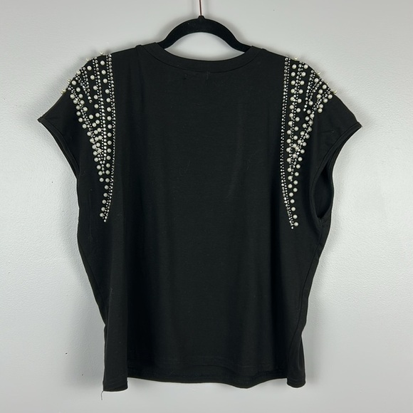 Ontwelfth Classic Embellished Pearl Rhinestone Short Sleeve Top XL Black - Picture 10 of 11